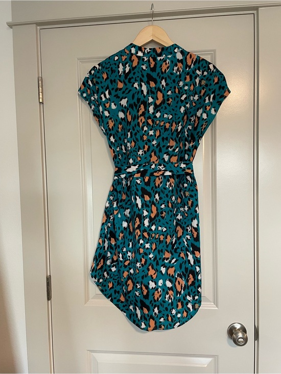 Emery Rose Dresses & Skirts - Teal Leopard Print Mini Dress with Self Tie Waist